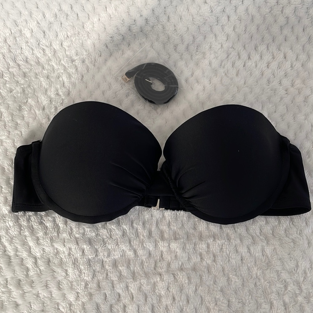 Black padded wired bikini bandeau top with halter strap
